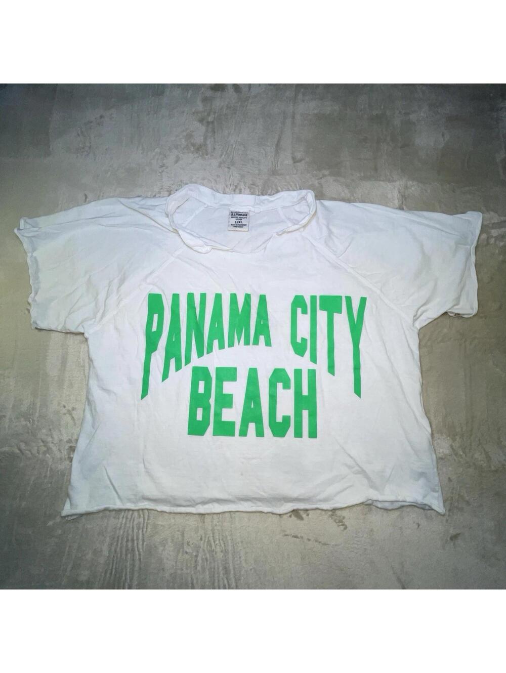 U.S. Vintage “Panama City Beach” Custom Cut Crop Top Oversized Tee White/Green L